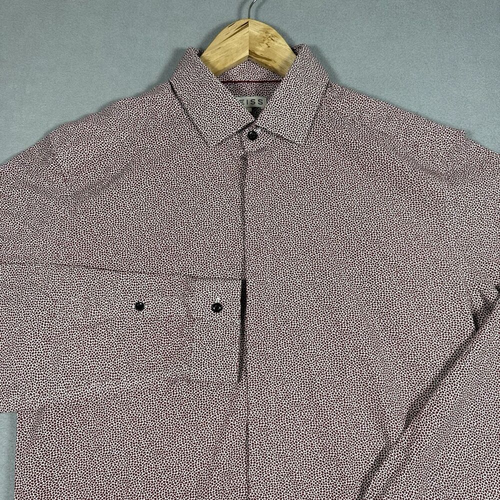 Reiss Men's Shirt Size L Slim Fit Burgundy Cheetah Print 100% Cotton Turkey